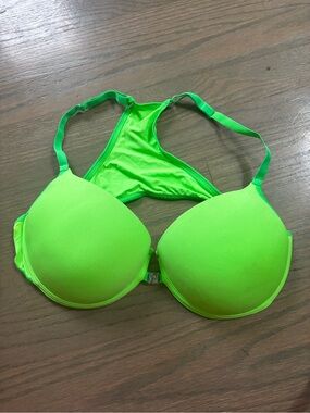 neon green front-close Brazilian push-up bra racerback strap 36D